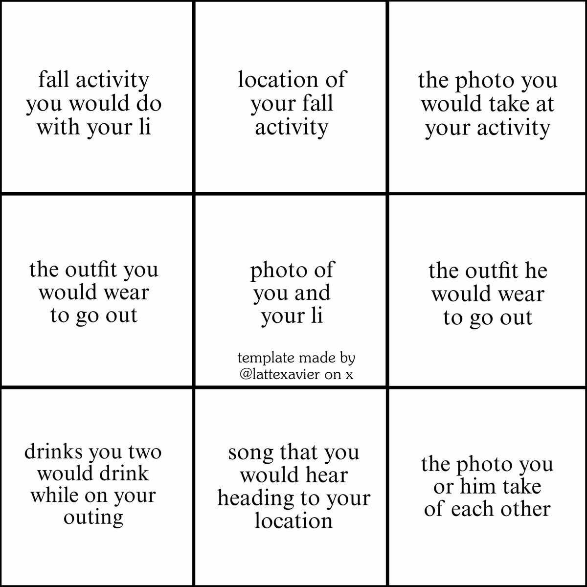 lattexavier's tweet photo. Interaction post!! ˙ ✩°˖🍂⋆。˚꩜
It’s officially September and my favorite time of the year! So I made this cutesy template to show what you would do with your li during this fall season!! ♡
this is a fall outing that lattemoon would do together! ☕️🎃 https://t.co/AKyDK7LDzk