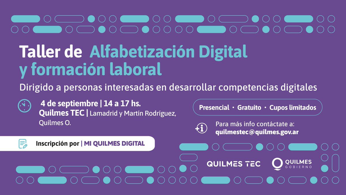 QuilmesMuni's tweet photo. 👉 Sumate al Taller de Alfabetización Digital y Formación Laboral de #QuilmesTec.

​🗓 Viernes 4  - 14 a 17 horas.
​📍 Lamadrid y Martín Rodríguez, Quilmes Oeste.

📝 Inscripciones a través de Mi Quilmes Digital

​ Más info: quilmestec@quilmes.gov.ar

#SeguimosParaAdelante ☀️💜 https://t.co/CULPVY9HwY