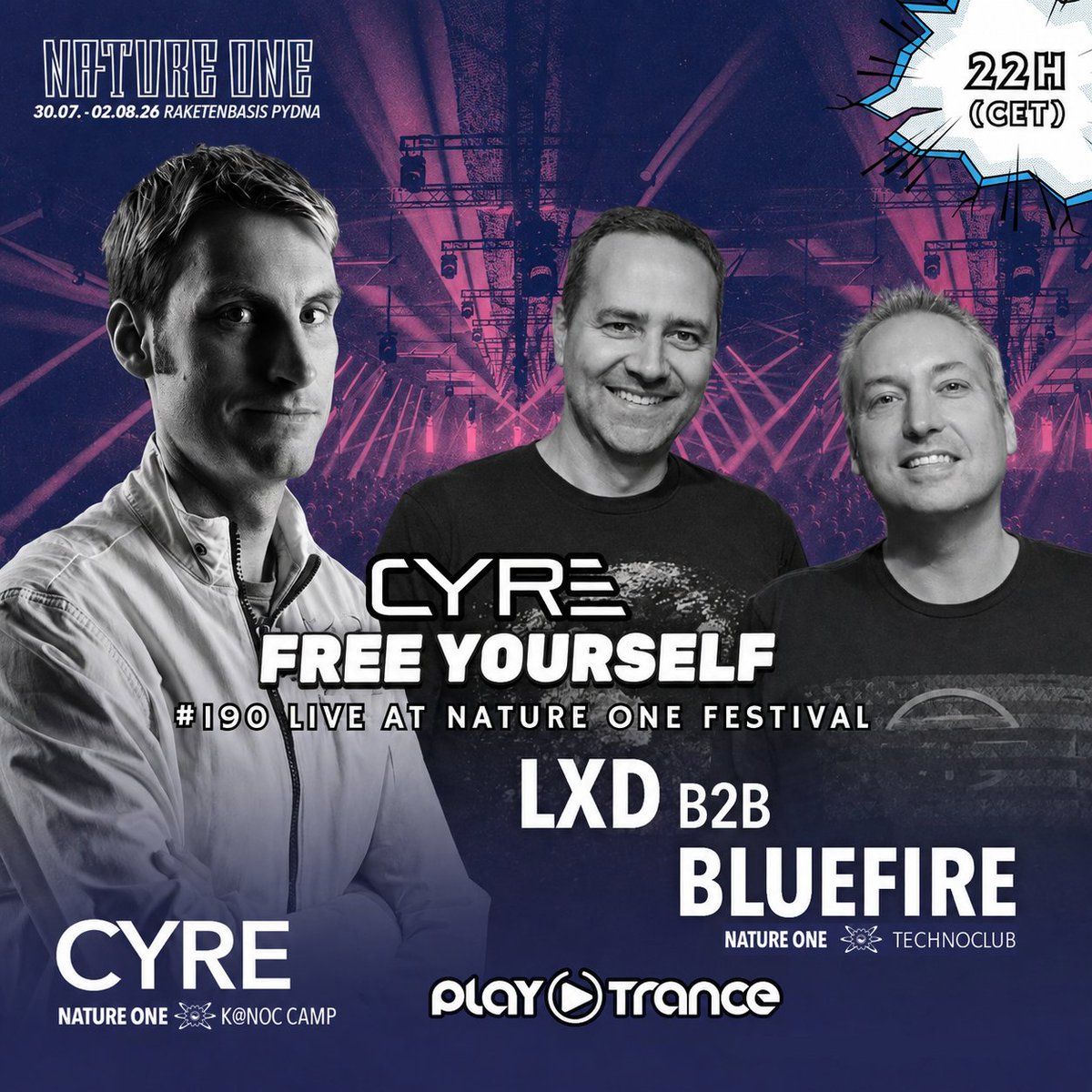 CyreDJ's tweet photo. I'll kick off episode 190 [LIVE recordings of LXD b2b BLUEFIRE's and my set at the @NatureOne Festival 2026] of my #radioshow #FreeYourself at @PlayTranceRadio right now! So tune in and enjoy 🔥

Here's the link to the webplayer: https://t.co/a0gtX92YiR

#FY190 #Trance #NatureOne https://t.co/X327sWA3y9