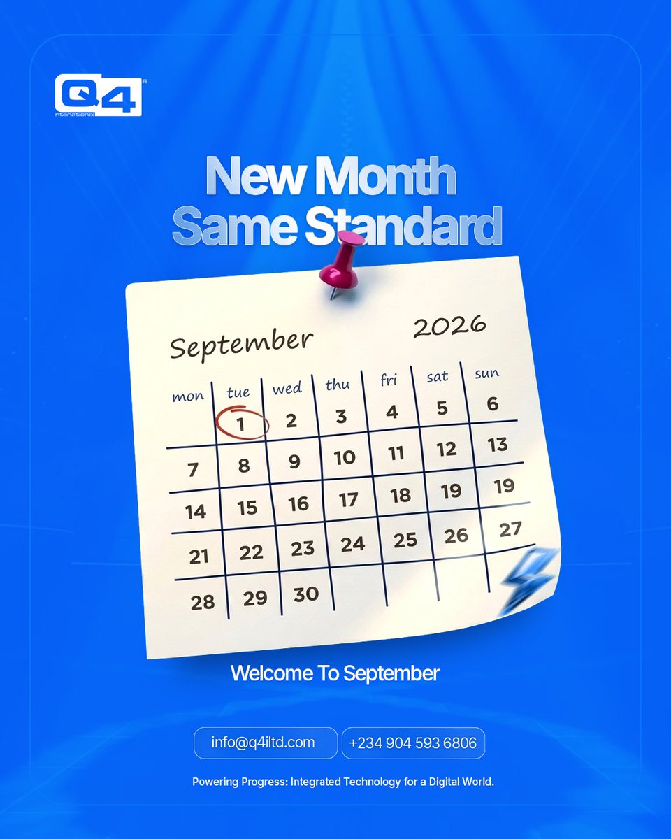 Q4international's tweet photo. Happy new month! September is here 🎉

No excuses carried into September.

Follow @q4international, we've got a full month lined up.

#NewMonth #Q4ILimited #digitalinfrastructure #businessgrowth #q4international https://t.co/yQ77IfBRgT