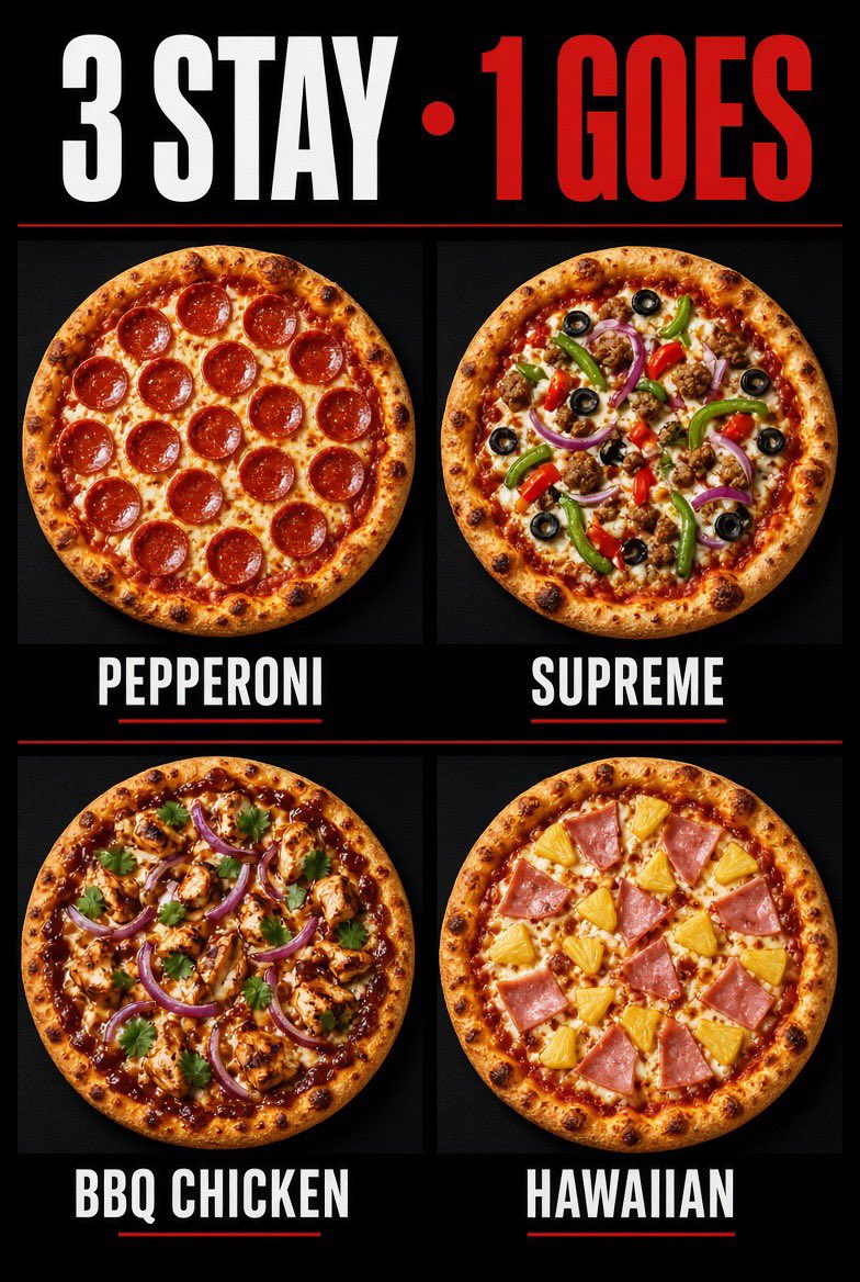 SheKnowsBall_'s tweet photo. 3 stay, 1 goes! 🍕

Which one are you getting rid of? 👇 https://t.co/c5EY6Uz7JH