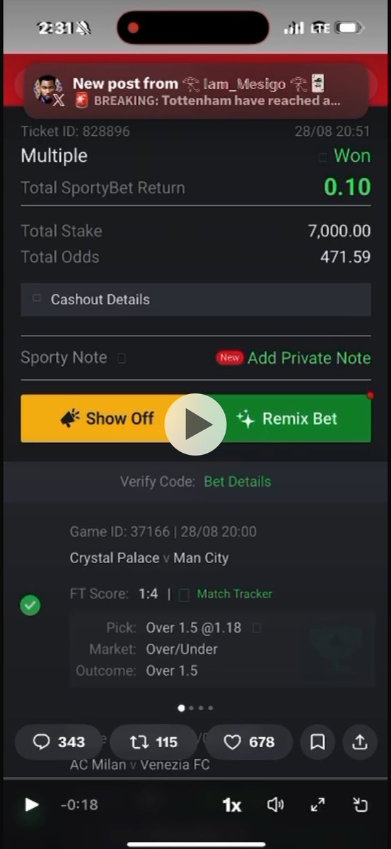 JustBelieveTips's tweet photo. Sportybet na just thief, even people when stake as low as 500 naira on my game cashout 1.4M, then me when stake  7,200 sportybet say I cashout 3,565 and 0.10, 0.20, 0.27, 0.60 Kobos. 

They say same thing to two different tickets I have come across on X since yesterday that they both cashout 0.10 kobo each and they later pay one of them 3.4M plus and the other person they said he/she cashout himself.  Na God go punish una glitchy glitchy error system una take dey steal from users make una nor worry. I pity anyone that is still using Sportybet, they can’t be trusted. 

Ticket 707307 I no tap. @SportyBet @SportyBetNG forced ₦3,565.99. They said I cashed out kobo. Compensate it. I am done with this bookie.
#SportyBetFraud #ScamBookieNigeria #BoycottSportyBet #Compensate707307