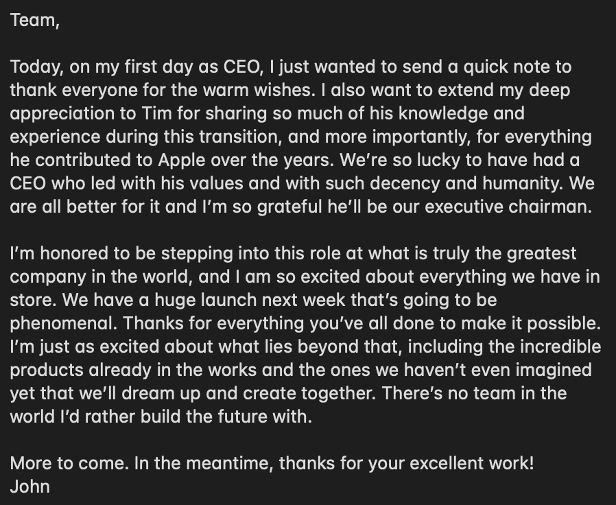 markgurman's tweet photo. NEW: Apple's John Ternus touted a strong future product pipeline and teased a “phenomenal” new iPhone launch next week in his first remarks to employees as chief executive officer. https://t.co/ttZJN5XIrU