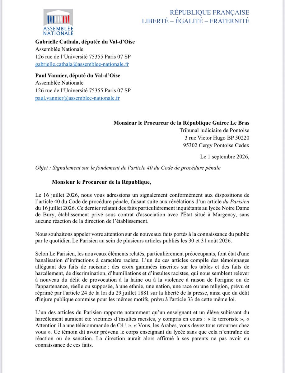 GabrielleCthl's tweet photo. Suite aux révélations accablantes du Parisien sur des actes racistes, discriminatoires, homophobes et attentatoires à la laïcité qui se seraient produits au sein du Lycée privé Notre-Dame de Bury situé dans ma circonscription, je saisis avec mon collègue @PaulVannierFI le Procureur de la République de Pontoise et le préfet du Val-d’Oise pour que la procédure de rupture du contrat d’association avec l’État soit entamée.