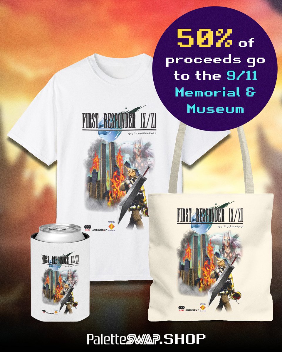 PaletteSwapMag's tweet photo. never forget🫡

we have new First Responder merch, and from now until September 11, half of proceeds from all items with the design will be donated to the 9/11 Memorial &amp; Museum

get some funny gear and support a good cause: https://t.co/nwr6BHCQ3D https://t.co/dEpBeT7juC