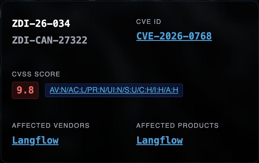 _MrNiko's tweet photo. 🚨 CVE-2026-0768 | Langflow | code injection RCE | CVSS 9.8 | ITW
unauth POST /api/v1/validate/code
code param → Python exec as root
ZDI-26-034, published as 0day
canaries already catching credential harvest traffic
https://t.co/LXlUxfCsjZ
#CVE #AIRedTeam #ExploitDev https://t.co/q9bvIeXbOs