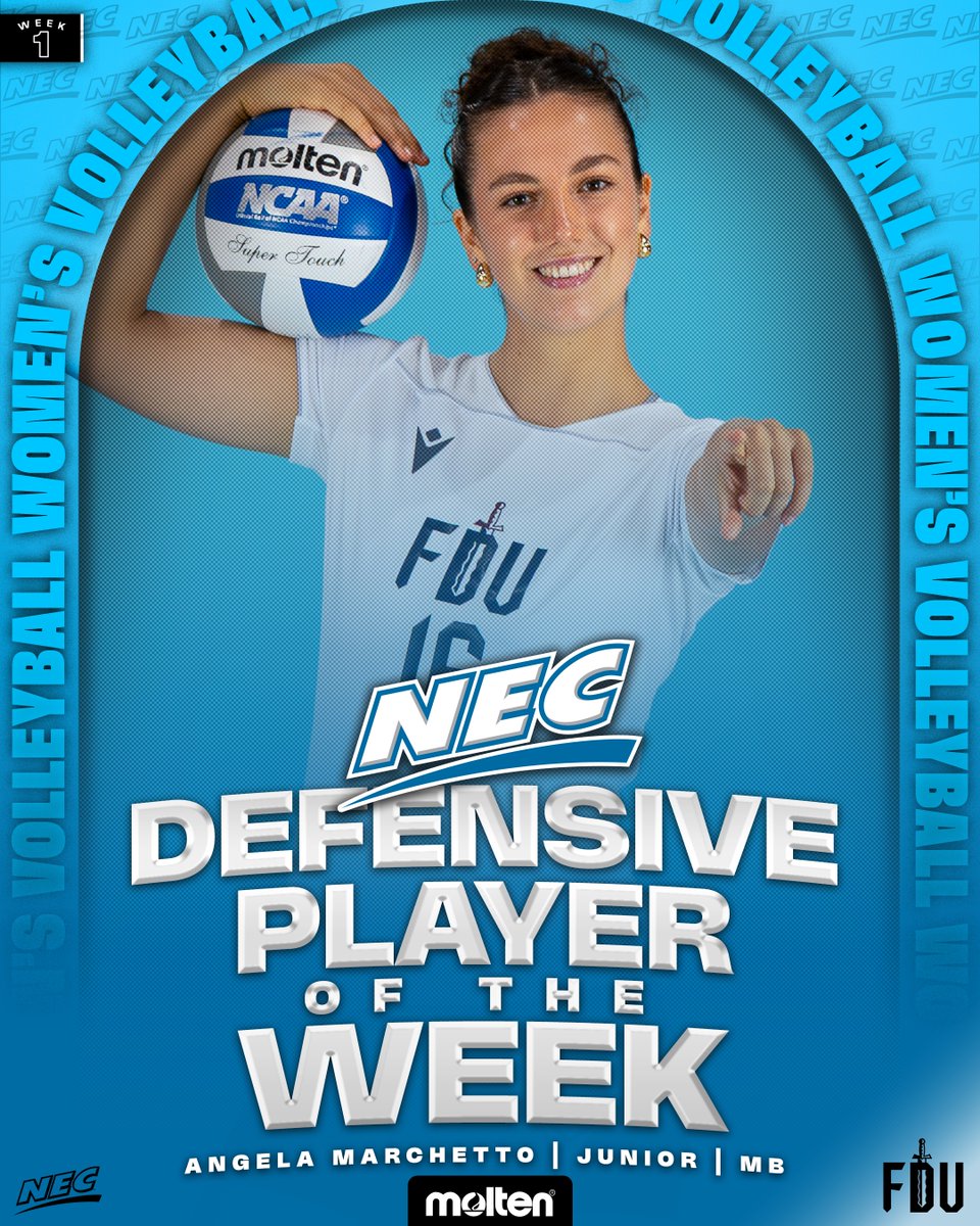 necwvolleyball's tweet photo. ππ₯ NEC/@MOLTENUSA Defensive Player of the Week (Sept. 1)
Angela Marchetto | @FDUKnightsWVB βοΈ
βΉοΈ The middle blocker made her presence felt during FDU's Opening Weekend with 14 blocks (1.56 per set), including 7 in a straight-set π§Ή of NJIT.
#NECWVB x #OpportunityLivesHere https://t.co/nwotfONGdq