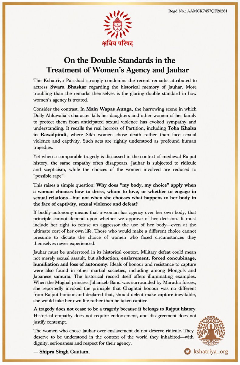 kshatriya_org's tweet photo. Dear @ReallySwara Jauhar was a tragic historical response to extreme circumstances. It deserves historical understanding, not ridicule. The women who chose Jauhar deserve the same dignity and respect for their agency that we extend to women facing comparable horrors in other periods.  

Kshatriyas will continue to remember these brave women as martyrs. You have no agency to dictate us otherwise.