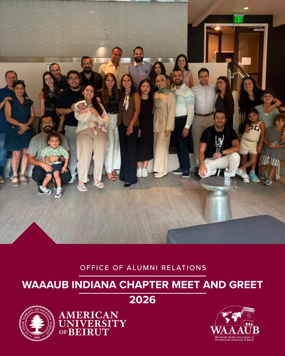 AUBAlumni's tweet photo. It’s a fresh start for the WAAAUB Indiana Chapter! The chapter’s new committee members gathered with alumni and friends for a meet and greet at Axis Aqua Lounge in Indianapolis on August 22, 2026. It was a chance to connect and look forward to more gatherings for the AUB community in the area. #AUBAlumni