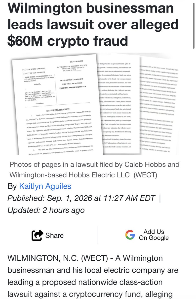 _CXMZ's tweet photo. XCLUSIVE: EZZ DROPS THE NEWS OF A 🚨 $60M CRYPTO FRAUD LAWSUIT 🤯 

Wilmington businessman Caleb Hobbs is leading a proposed class-action lawsuit involving Quantum Blocks Capital (QBC).

Hobbs alleges he invested $2.45M USDC after being PROMISED returns of 10–20% twice yearly through an AI Bitcoin trading system called “Logic” and other investments.

Crypto personality Jason “Ai” Williams @GoingParabolic and Domenico Grillo (who is this guy?) are alleged to have helped solicit the investments. 😬 

The lawsuit alleges QBC manager Clive Smith ultimately controlled investor funds and was later accused by QBC of DIVERTING nearly $60 MILLION.

**The allegations have not been proven in court.**

📠: $60 million crypto theft is an allegation in a civil complaint, not a proven finding that $60M was definitely stolen. But… it’s definitely made headlines and the article is real. 

Read the full story here. 👇🏽

https://t.co/8VPBY7koko