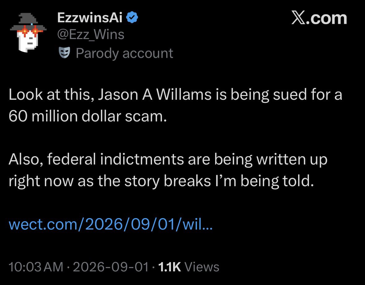 _CXMZ's tweet photo. XCLUSIVE: EZZ DROPS THE NEWS OF A 🚨 $60M CRYPTO FRAUD LAWSUIT 🤯 

Wilmington businessman Caleb Hobbs is leading a proposed class-action lawsuit involving Quantum Blocks Capital (QBC).

Hobbs alleges he invested $2.45M USDC after being PROMISED returns of 10–20% twice yearly through an AI Bitcoin trading system called “Logic” and other investments.

Crypto personality Jason “Ai” Williams @GoingParabolic and Domenico Grillo (who is this guy?) are alleged to have helped solicit the investments. 😬 

The lawsuit alleges QBC manager Clive Smith ultimately controlled investor funds and was later accused by QBC of DIVERTING nearly $60 MILLION.

**The allegations have not been proven in court.**

📠: $60 million crypto theft is an allegation in a civil complaint, not a proven finding that $60M was definitely stolen. But… it’s definitely made headlines and the article is real. 

Read the full story here. 👇🏽

https://t.co/8VPBY7koko