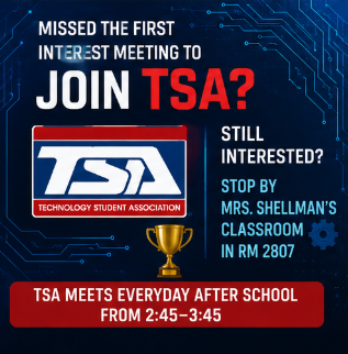 GrovesRebels's tweet photo. 💻⚙️ MISSED THE TSA INTEREST MEETING?

No worries—you can still join! Stop by Mrs. Shellman’s Room 2807 to learn more.
📅 Meets Monday- Friday
⏰ 2:45–3:45 PM
Come build your skills and be part of TSA! 🚀
#TSA #TechnologyStudentAssociation #GrovesHighSchool https://t.co/xmnKFkL0mM