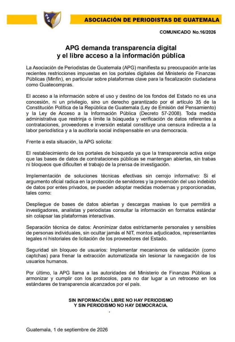 PrensaComunitar's tweet photo. 🚨 La APG exige restablecer los accesos en Guatecompras

La Asociación de Periodistas de Guatemala (APG) demandó al Ministerio de Finanzas restaurar las funciones de búsqueda en la plataforma, señalando que los cambios recientes dificultan la fiscalización del uso de fondos públicos.

La gremial recordó que el artículo 35 de la Constitución garantiza el libre acceso a las fuentes de información pública 

📷 Minfin