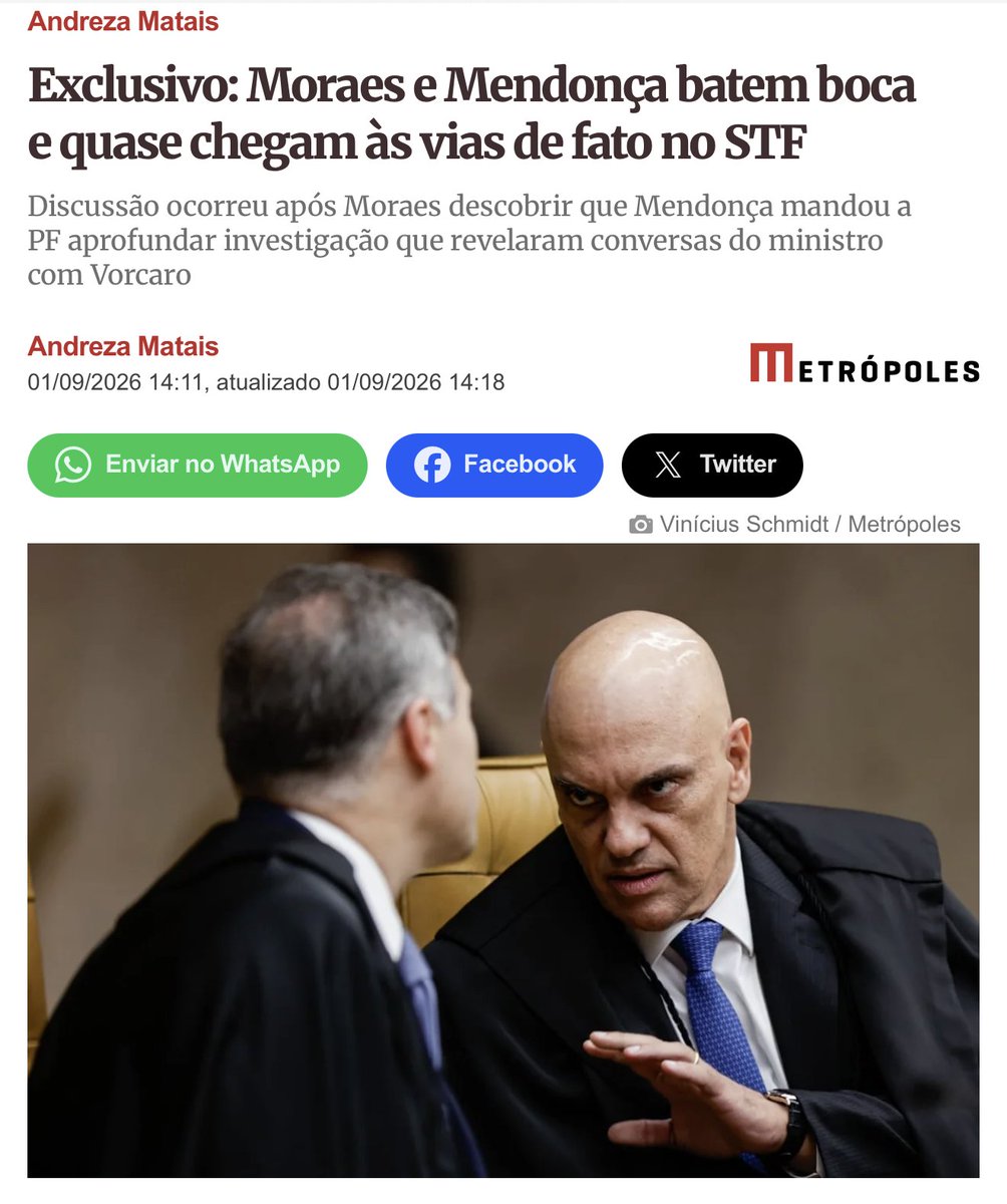 RafaelFontana's tweet photo. Em desespero, Moraes tentou agredir Mendonça, que não recuou e enfrentou o togado.
Assessores separaram os dois, o clima ficou pesado.

Moraes ameaçou retaliar.
Vai fazer o quê? Chamar o PCC? https://t.co/JC7DKea9KO