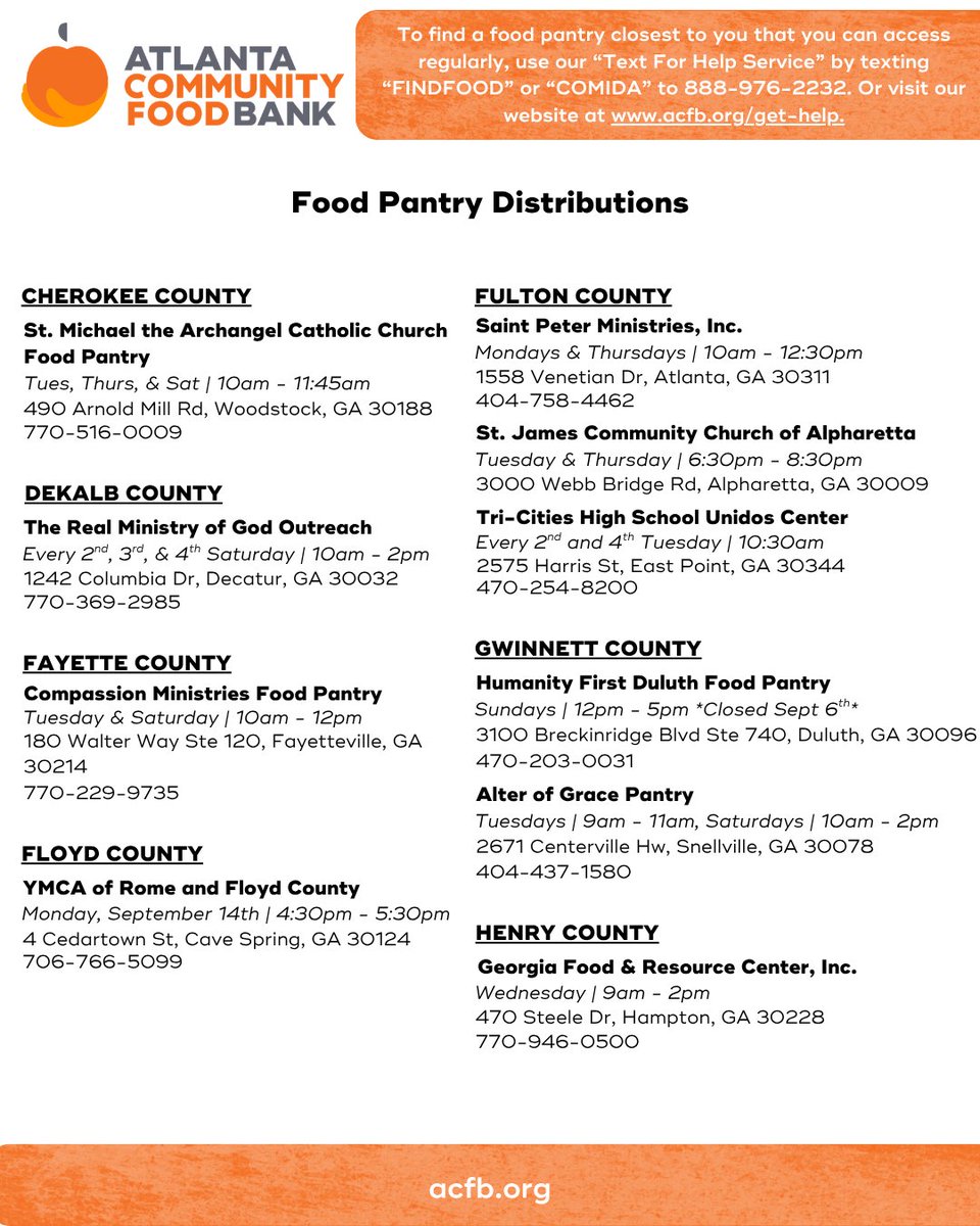ACFB's tweet photo. Check out our list of featured food pantries across metro Atlanta.🥫🧡

Know about any other distributions happening this month? Drop the details in the comments! https://t.co/P1SLkVxvpz