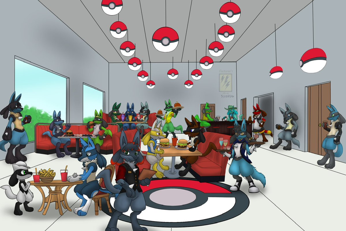 Electuroo's tweet photo. Welcomed to a special café upon stepping through become Lucarios to enjoy a meal, drink or socialise, maybe you get luckily and become an adorable Riolu. Staff in Lucario forms happily serve the transformed customers.

Complete YCH 

#TFTuesday @Xyron_007 @kellyandkyle484 https://t.co/UW522YMypi