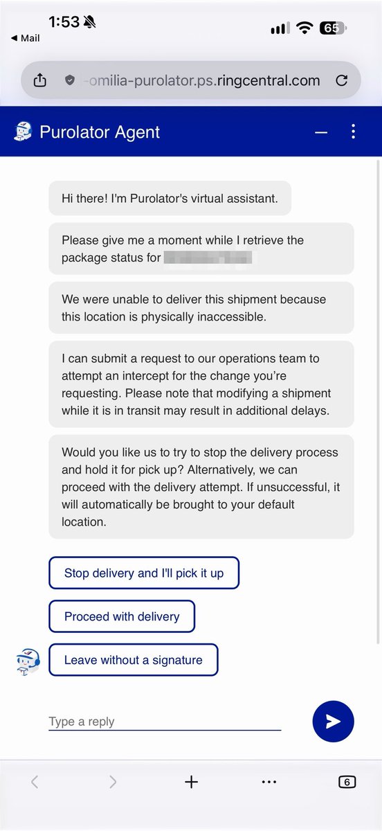 cwlco's tweet photo. Once again, useless AI shits on a customer. In this case, it's @PurolatorInc 's stupid and insulting "agent." Is it better for a human to have no answers or a machine? https://t.co/b3rWslPUGr