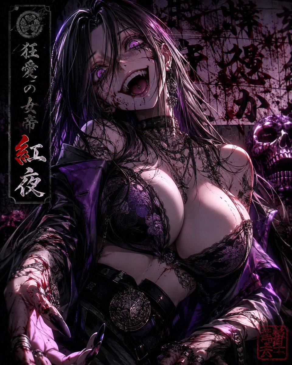 Kamui_Mukuro's tweet photo. 「愛してる。だから――壊してあげる。」

狂気すら愛に染め上げる、
紫闇に微笑む女帝《紅夜》。

その瞳に魅入られた瞬間、
もう逃げ道なんて残されていない――。

#紅夜
#狂愛��女帝
#狂気
#ヤンデレ
#ダークゴシック
#ゴシック
#ダークファンタジー
#紫髪
#創作キャラクター
#オリジナルキャラクター
#AIイラスト
#AIart
#闇堕ち