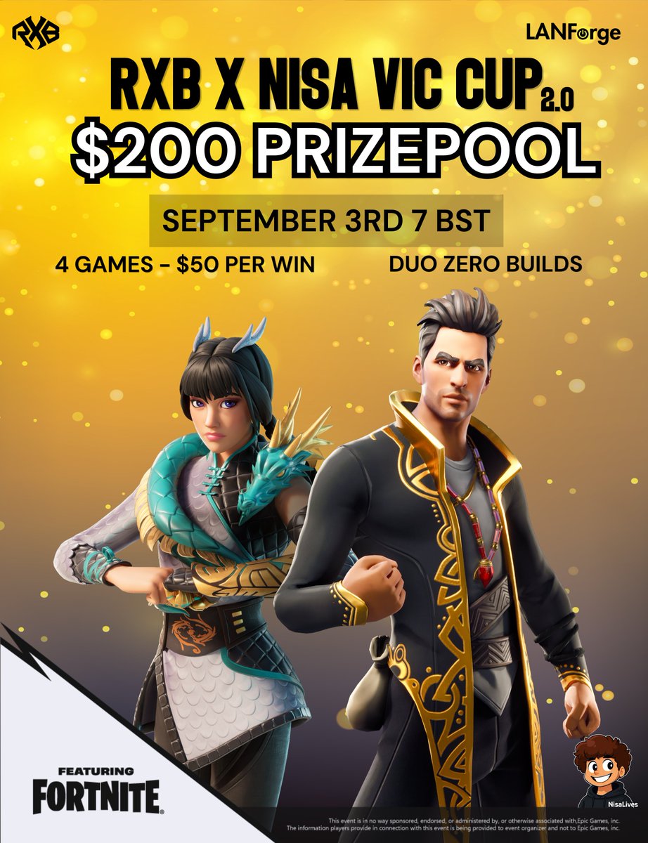 Nisalives's tweet photo. 🏆INTRODUCING $200 RXB X NISA VICTORY CUP🏆

📅Thursday, 3rd September
⏰7PM UK TIME
💰$50 PER WIN
🔥Zero Build Duos
🎮4 Games
💸PAYOUT WITHIN 24 HOURS
  HOW TO ENTER:
❤️Like & Repost
👥Follow @RXBesport & @aimingfn
🧠All happening in Nisa Discord (link in bio)
Comment your duo below for an invite