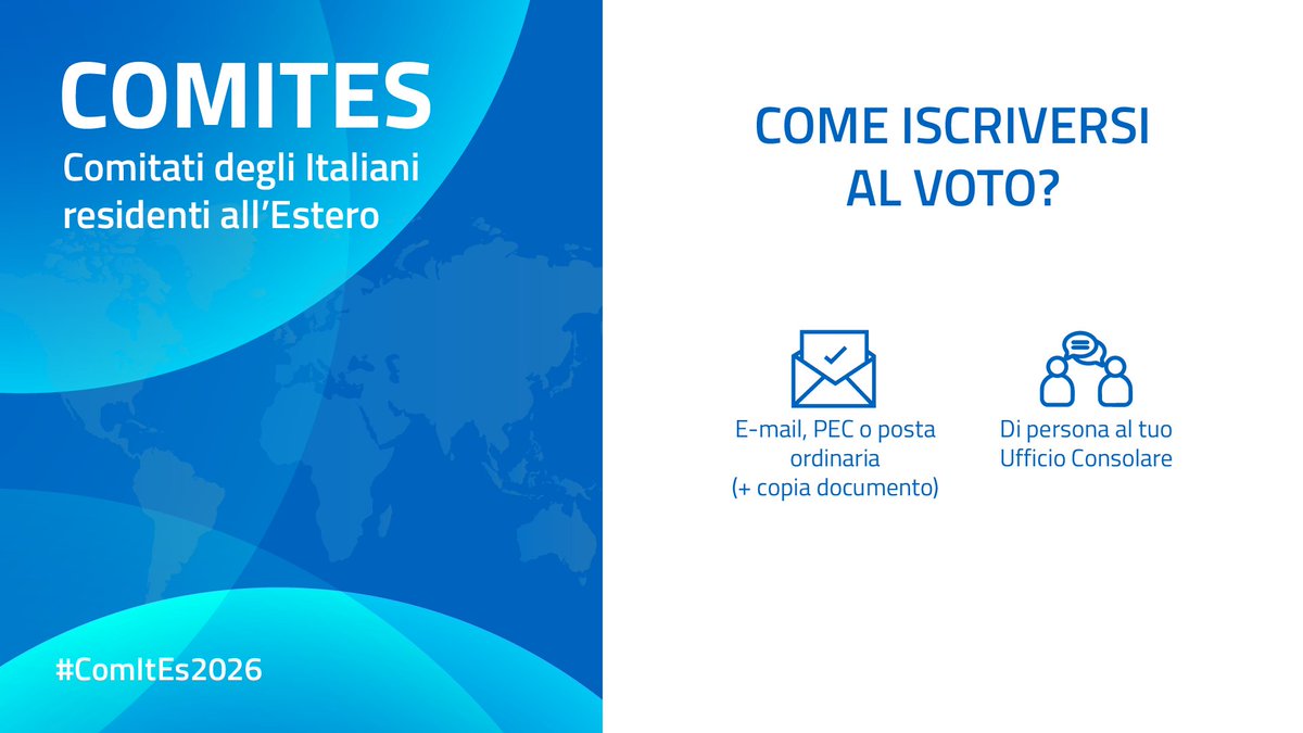 ItalyinUS's tweet photo. Per votare, è necessario ISCRIVERSI nell'elenco degli elettori del tuo Consolato. Puoi inviare la tua richiesta per posta ordinaria, e-mail e PEC, allegando copia di un documento d’identità o presentandoti di persona al Consolato.
Scopri di più qui https://t.co/jYjwOkxxlk https://t.co/AC0xnqLdvv