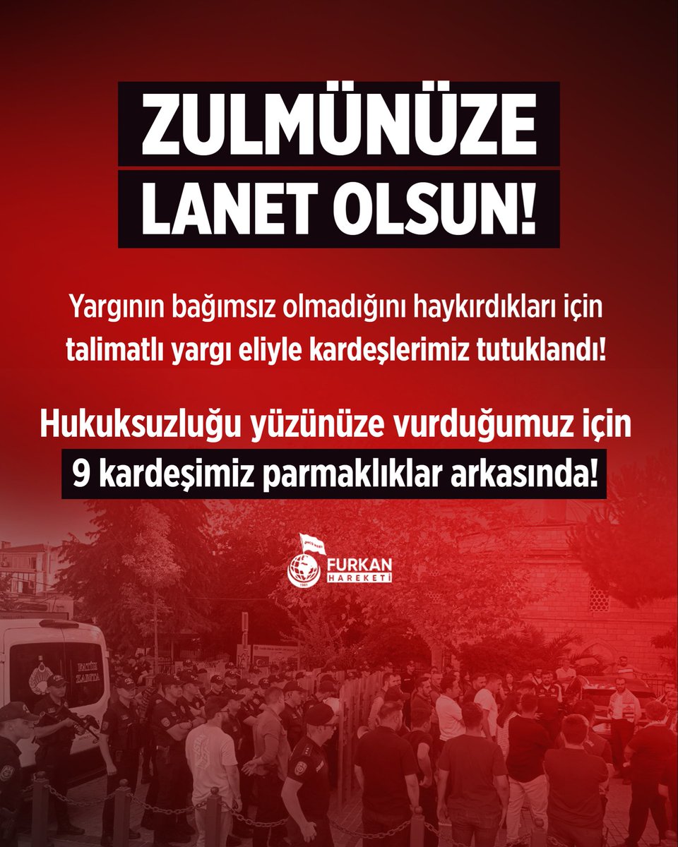 fhoncunesil's tweet photo. ZULMÜNÜZE LANET OLSUN!

Yargının bağımsız olmadığını haykırdıkları için talimatlı yargı eliyle kardeşlerimiz tutuklandı!

Hukuksuzluğu yüzünüze vurduğumuz için
9 kardeşimiz parmaklıklar arkasında!

DelilYok TutuklamaCok
FurkanHareketi Tertemizdir