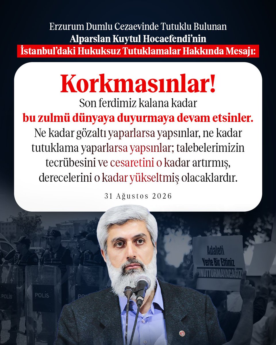 onculider_1's tweet photo. Korkmasınlar! Son ferdimiz kalana kadar bu zulmü dünyaya duyurmaya devam etsinler.
Ne kadar gözaltı, tutuklama yaparlarsa yapsınlar; talebelerimizin tecrübesini ve cesaretini o kadar artırmış olacaklardır.

DelilYok TutuklamaCok
FurkanHareketi Tertemizdir https://t.co/FPh6DvW4DI