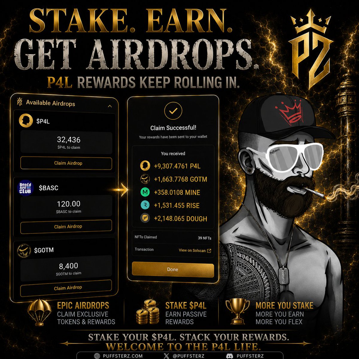 JustinGainz's tweet photo. 🚨 Just claimed my Puffsterz airdrops + staking rewards! 💰⚡

This is why you stake Puffsterz NFTs — earn $P4L rewards while holding. 🔥

🎨 Art upgrade coming soon… 👀
Stake. Earn. Upgrade. 🚀

P4L https://t.co/miOyhT3Z11