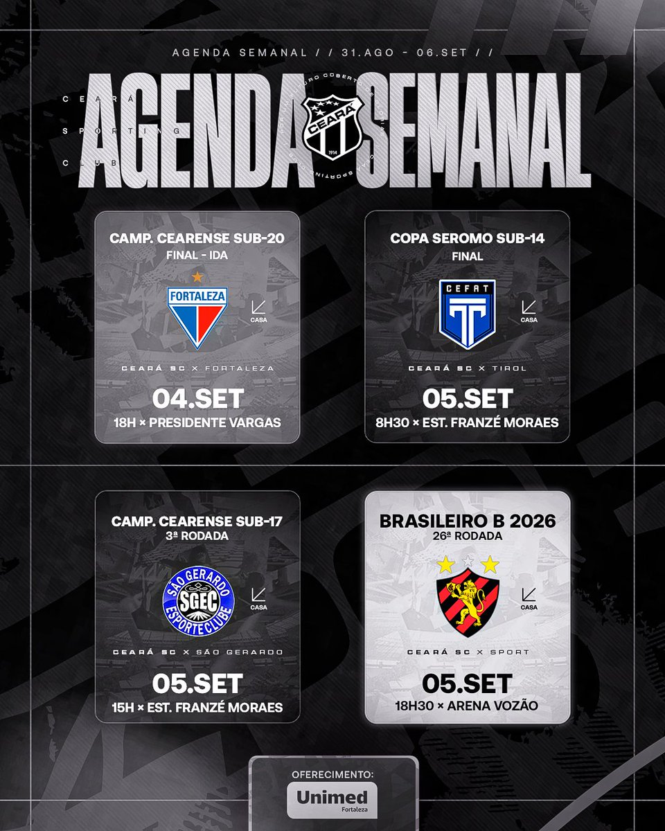 CearaSC's tweet photo. AGENDA SEMANAL DO CEARÁ! ✅⚫⚪

Semana de decisões para as nossas categorias de base e  time profissional em campo pela Série B. ⚽️

Confira todos os compromissos do Vozão, anote na agenda e venha torcer com a gente! 🏁 

#CearáSC https://t.co/RL2RuuSYRZ