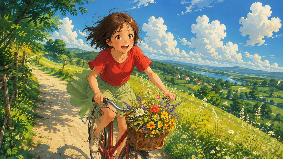ghibli_dreams's tweet photo. Summer sunshine and a basket full of flowers 🌼🚲✨ Just ride, smile, and enjoy the moment! 💛

#AnimeArt #GhibliInspired #SummerVibes #BicycleRide #FlowerBasket #AnimeGirl #SunnyDay https://t.co/pLk046zCsO