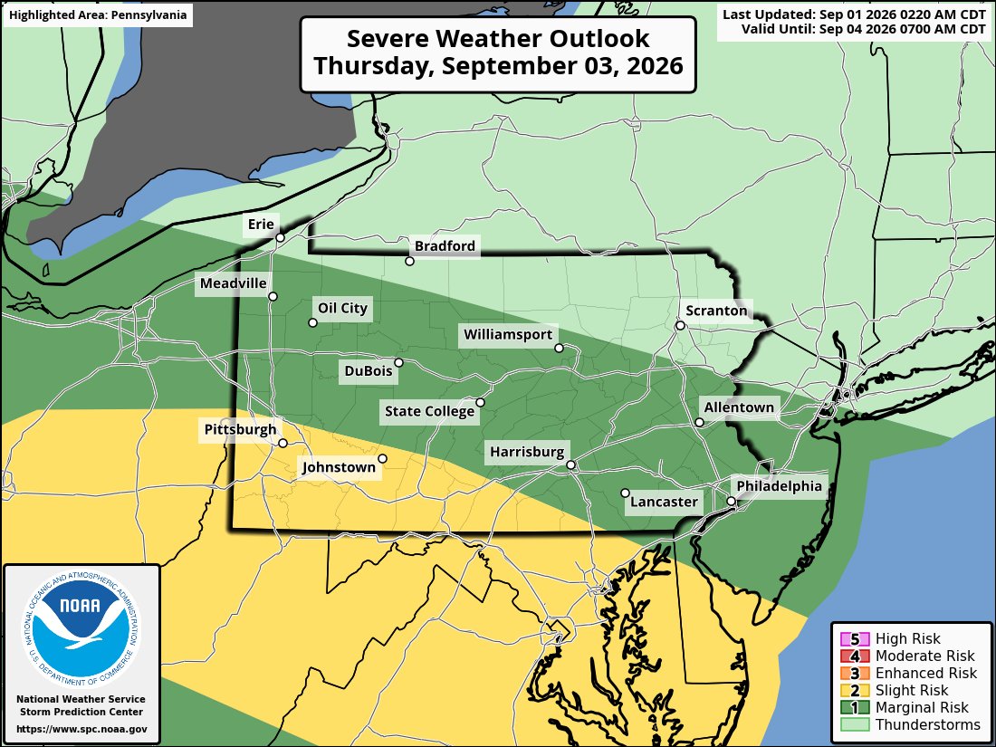 AppalachiaWx's tweet photo. Severe Weather Forecast Update!!!

The risk for severe weather continues across the Ohio Valley and Central Appalachians through the end of the week. 

While there have not been many major changes to the forecast since yesterday, there has been some small adjustments to the severe weather risk areas highlighted by the Storm Prediction Center.

Hazards: 

The primary hazards with severe thunderstorms over the next few days will be damaging winds and large hail; however, a few tornadoes will be possible as well.

Location: 

It appears that the northern and eastern parts of our region will have the greatest risk for severe weather today, with the risk of severe weather shifting further south and west as we head into the mid-late week timeframe. 

Check back for more updates to the forecast over the next few days, and refer to the Storm Prediction Center for the latest severe weather information. 

#pawx #wvwx #ohwx #mdwx #nywx #SevereWeather #thunderstorm