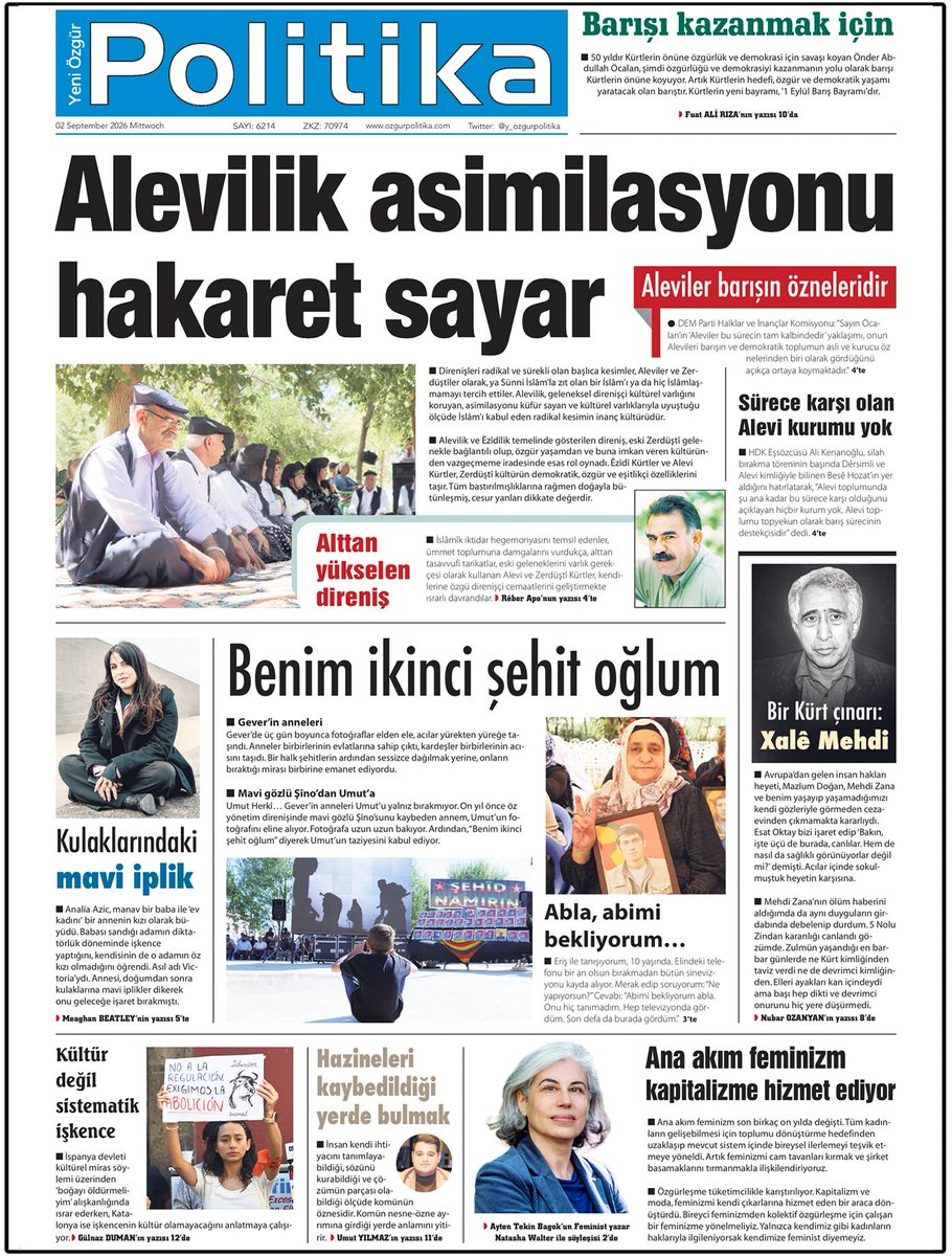 y_ozgurpolitika's tweet photo. 🔴MANŞET

📌Alevilik asimilasyonu hakaret sayar

"Alevilik ve Êzîdîlik temelinde gösterilen direniş, özgür yaşamdan vazgeçmeme iradesinde rol oynadı. Zerdüştî kültürün demokratik ve eşitlikçi özelliklerini taşırlar. Tüm bastırılmışlıklarına rağmen cesur yanları dikkate değerdir." https://t.co/H5mjxaMMRj