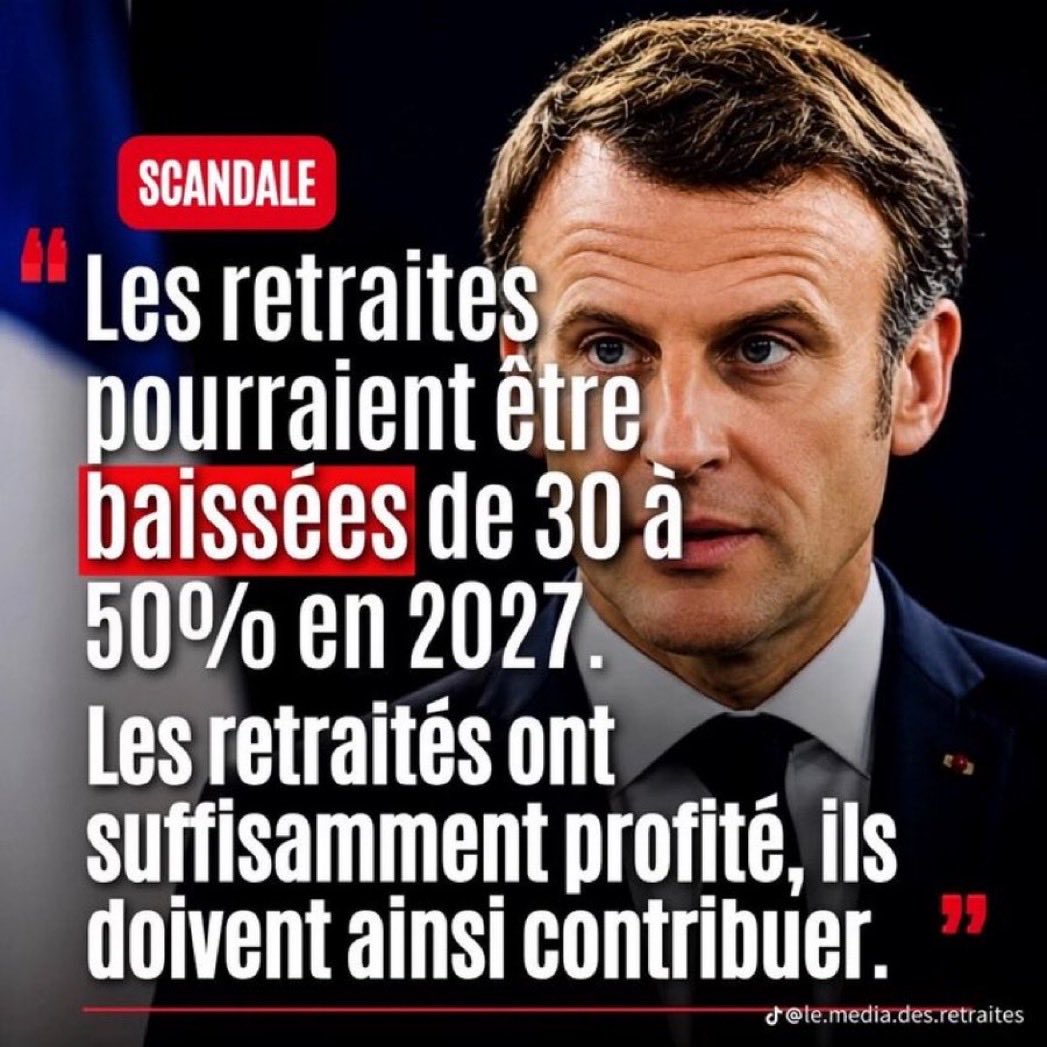 JefHugo99582's tweet photo. MACRON MENACE LES RETRAITÉS !! 
POUR LUI, LES RETRAITÉS SONT DES PRIVILÉGIÉS RÉACTIONNAIRES QUI REFUSENT DE PARTAGER LEURS RETRAITES QUI SONT TROP CONFORTABLES .. https://t.co/n81FCgSFpX