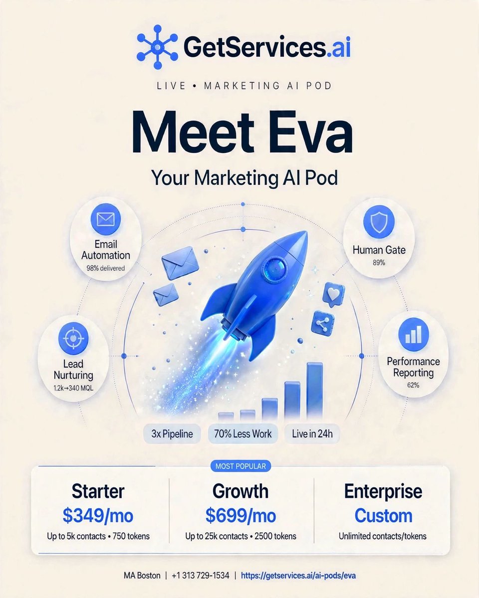 GetServicesai's tweet photo. Meet Eva — Your Marketing AI Pod 🚀

Powered by Atlas Orchestration — the brain that handles every pod.

Atlas orchestrates tasks, memory, tools &amp; approvals across all AI Pods.

3x Pipeline | 70% Less Work | Live in 24h
Visit now :
→ https://t.co/KgdztVLsWR https://t.co/tnuHFdRc1o