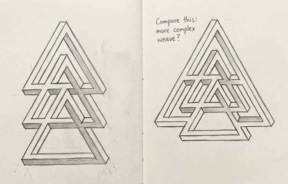 gsarcone's tweet photo. My study on variants of impossible tribars involving nested triangles.
Impossible tribars are sculptures that exist only in the eye and the mind.
Further reading: https://t.co/Q3qdIq70hm
#OpticalIllusion #ImpossibleObject #PenroseTriangle #OpArt #VisualPerception https://t.co/ki0NRuYJbM