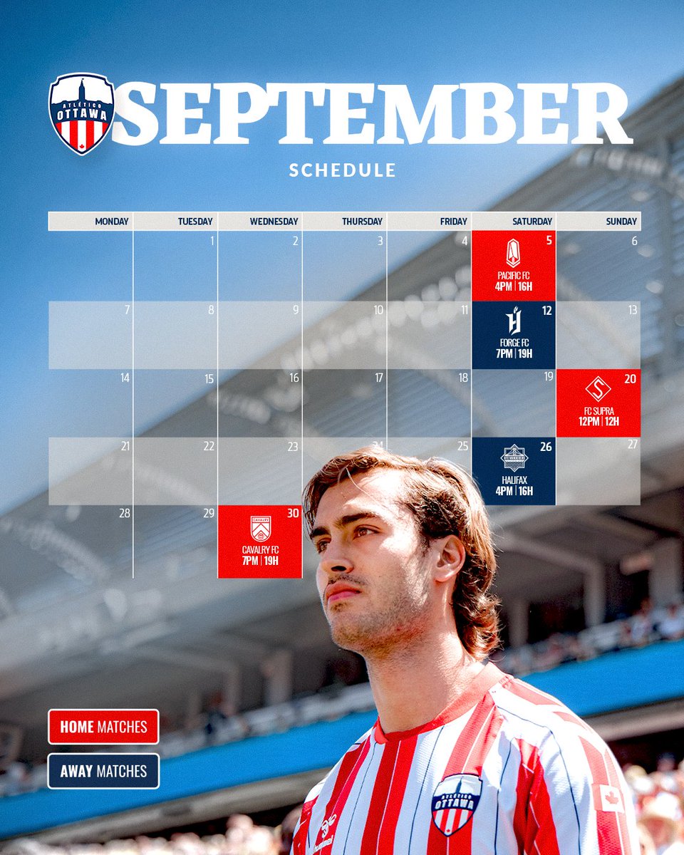 atletiOttawa's tweet photo. September is where the race heats up. 🔴⚪️

Five fixtures. Playoffs on the horizon.

Let’s get to work.

🎟️ https://t.co/wP8EKdxfgA

#AtléticoOttawa #EarnYourStripes https://t.co/JS52JVyVBE