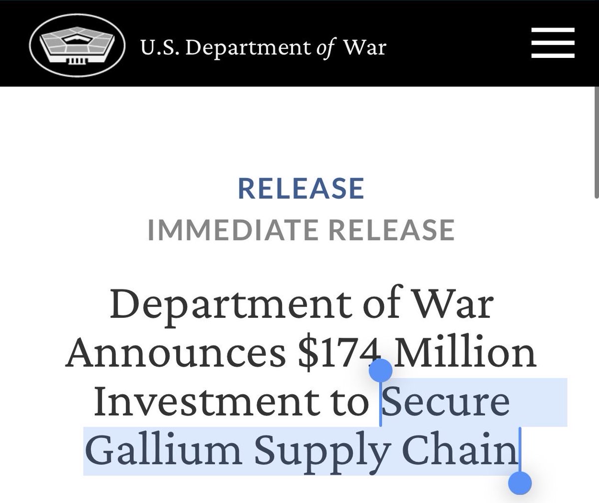 aleabitoreddit's tweet photo. US Department of War announces $174M financing for securing Gallium Supply Chains. Beneficiaries are:

- $AA (Alcoa Corp) for Gallium production at its refinery.

- Sojitz (2768) as the Japanese JV offtake partner

Good to see US critical minerals supply chains investments. https://t.co/fyi203MH2B