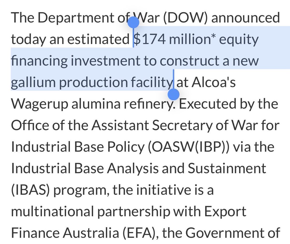 aleabitoreddit's tweet photo. US Department of War announces $174M financing for securing Gallium Supply Chains. Beneficiaries are:

- $AA (Alcoa Corp) for Gallium production at its refinery.

- Sojitz (2768) as the Japanese JV offtake partner

Good to see US critical minerals supply chains investments. https://t.co/fyi203MH2B