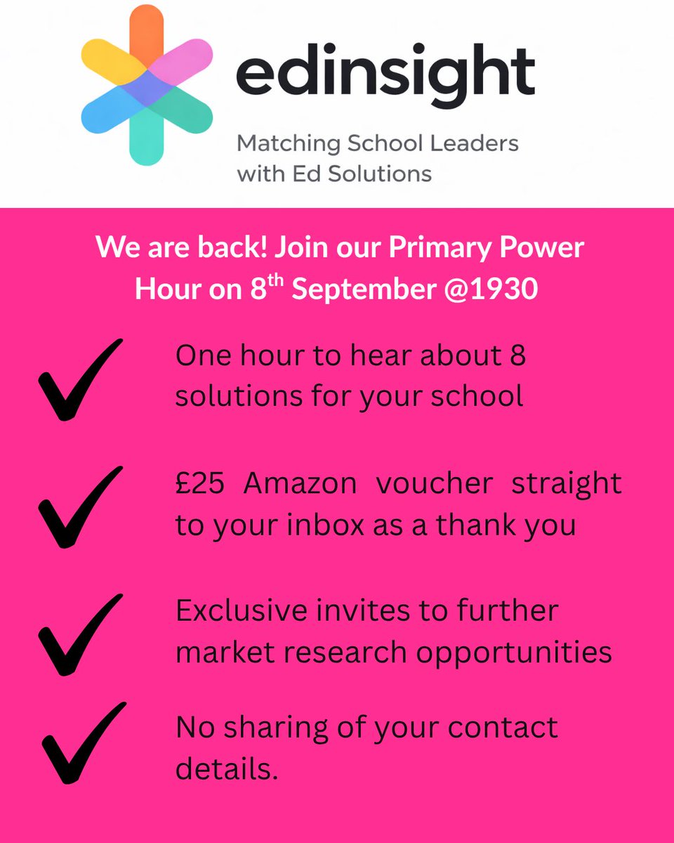 EdInsightEvents's tweet photo. We are BACK! A new shorter snappier format and LOTS of new suppliers - if you’re a primary leader please do join us! https://t.co/caruDkpcKL the easiest way to bag £25 and save yourself hours of research time https://t.co/WN4Qrp9Mta