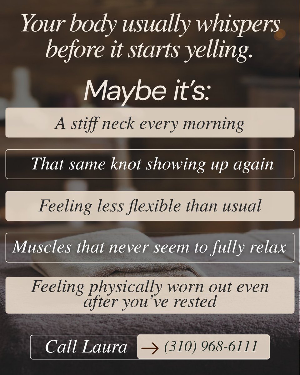 gettouchedmass1's tweet photo. Your body usually whispers before it yells.

Stiffness. That knot that keeps coming back. Muscles that just won’t chill.

Pay attention to the little signals.

(310) 968-6111
https://t.co/KIhkiud56J

#BodyAwareness #MassageTherapy https://t.co/w2XMlYX7sR