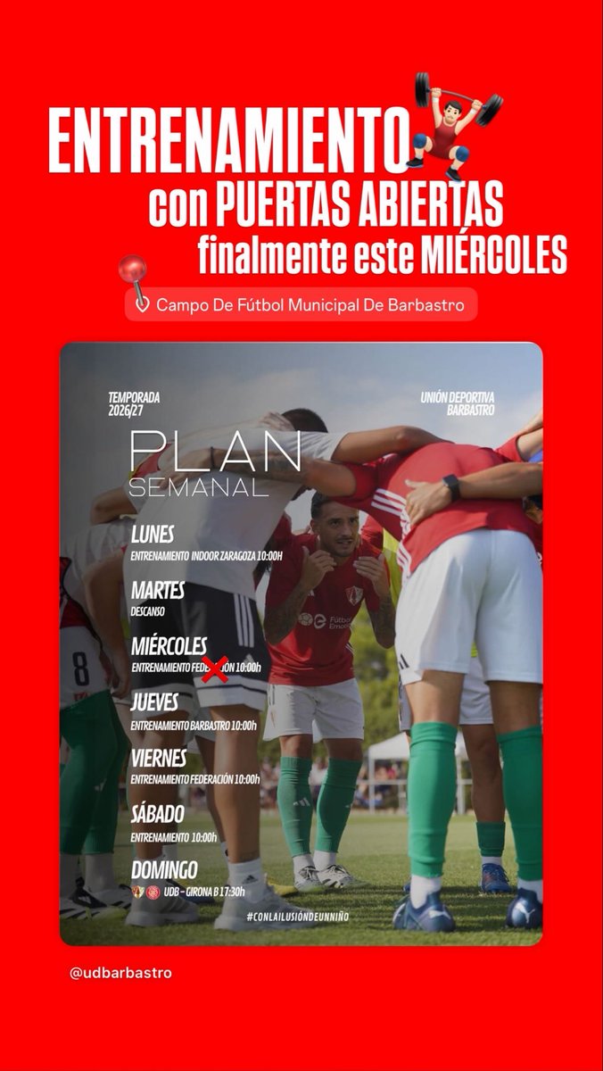 UD_Barbastro's tweet photo. 🚨 ¡Este miércoles 2 de septiembre tenemos una cita en el Municipal!

Entrenamiento con puertas abiertas antes del inicio liguero.

🕒 10:00h

❤️🤍 https://t.co/0aVXGbEMrN