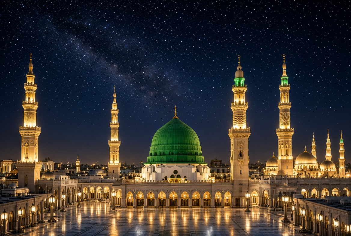 One111Mir's tweet photo. 🌙✨ **Good Night
 from the blessed city of Madinah** ✨🌙

اللَّهُمَّ صَلِّ عَلَى سَيِّدِنَا مُحَمَّدٍ وَعَلَى آلِ سَيِّدِنَا مُحَمَّدٍ وَبَارِكْ وَسَلِّمْ 💚

May the peace and blessings of Allah be upon our beloved Prophet Muhammad ﷺ and his family.

Sleep peacefully tonight with Durood Shareef in your heart.  
May Allah grant us the honor of standing before Roza-e-Rasool ﷺ. Ameen 🤲

Good Night 🌙💫🕌💖