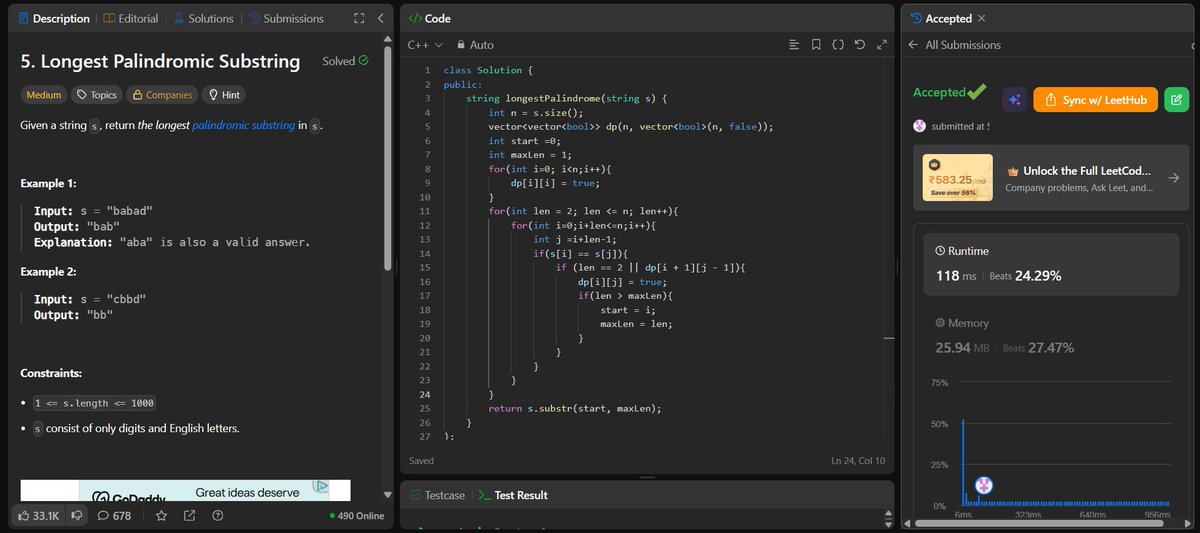 rva1064124's tweet photo. DAY 95/100 🚀 #DSAChallenge
✅ LeetCode 5: Longest Palindromic Substring
🎯 95 days done. Only 5 to go!
#100DaysOfCode #LeetCode #DSA https://t.co/ppBKP5Mfn5