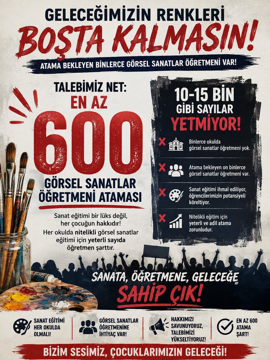 SerkanAydogduuu's tweet photo. 41 kontenjan, binlerce hayali karşılamıyor!

2026’da Görsel Sanatlar için adil atama ve en az 500 kontenjan istiyoruz. Talebimiz net, umudumuz büyük! ✊🏻

@RTErdogan @Yusuf__Tekin @oktay_saral @dbdevletbahceli @edipuzen 

#AGSgörselsanatlaradilatama https://t.co/9zw622W0sw