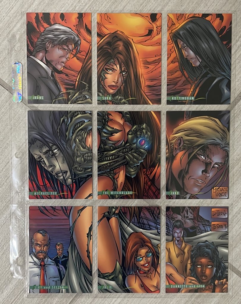 rholmes0520's tweet photo. On this @TopCow Tuesday, from the inaugural Witchblade trading card set, comes this 9 card beauty from the late great Michael Turner, JD Smith, and D-Tron. A really beautiful set of cards… #Witchblade #tradingcards #topcow #comics https://t.co/rzfQ9kix7K