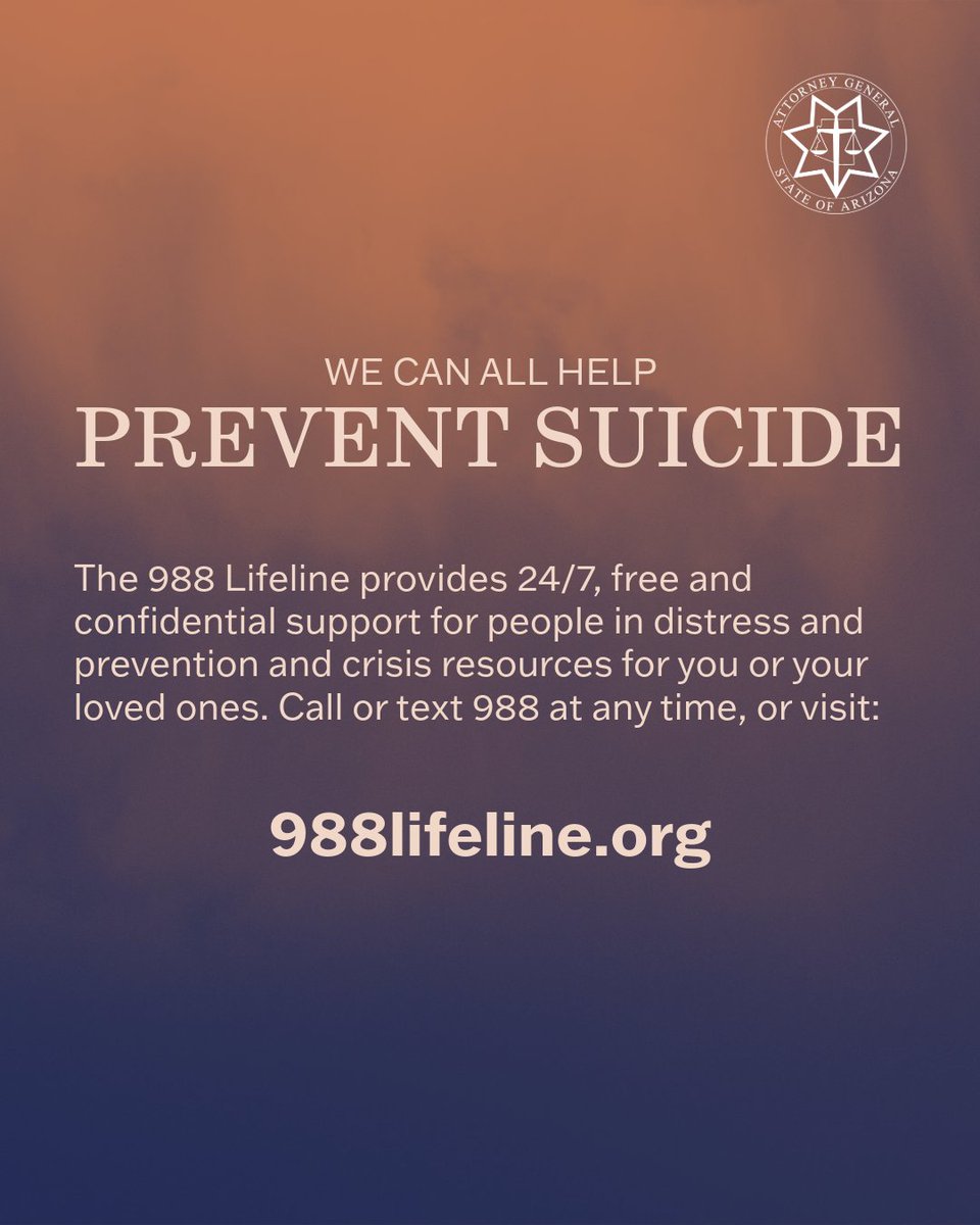 arizonaago's tweet photo. We can all help prevent suicide. If you or someone you care about needs support, call or text 988 at any time to connect with a counselor at the Suicide &amp; Crisis Lifeline. For more information, visit https://t.co/kRyRzVESWz. https://t.co/kYjPt9mRGh