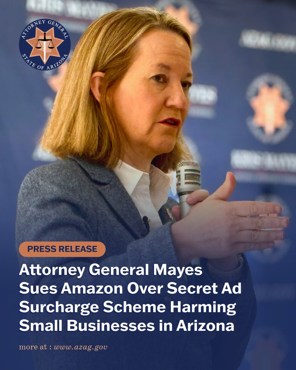 arizonaago's tweet photo. .@AZAGMayes announced that Arizona has joined the FTC and 21 states in suing Amazon, alleging the company has for years artificially inflated the prices of ads on its platform and misrepresented how the company sets ad prices.

Press Release: https://t.co/vy4D53nF96 https://t.co/6phBW5MBQr