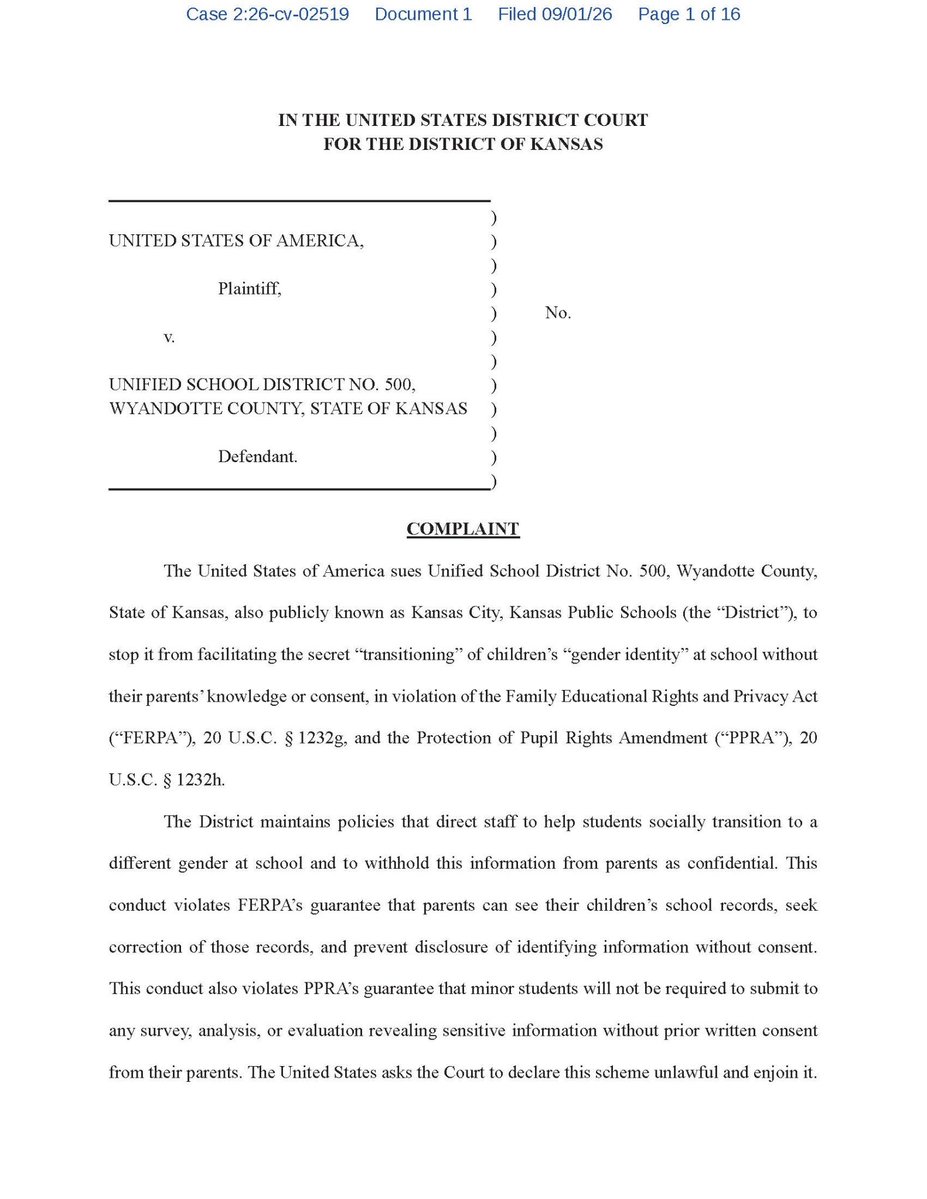 AAGDhillon's tweet photo. BREAKING:@theJusticeDept files first-of-its-kind suit against Kansas City, Kansas Public Schools for secretly helping kids "transition" genders at school—behind parents' backs. No consent, no notice, just a hidden policy—violating FERPA & PPRA. @CivilRights is taking it to court!
https://t.co/BN40X6WhLT