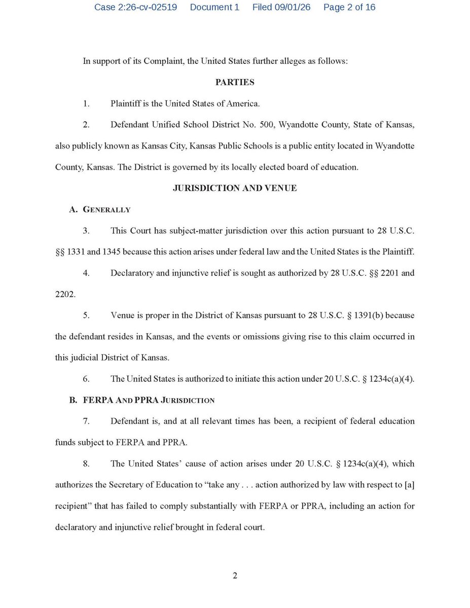 AAGDhillon's tweet photo. BREAKING:@theJusticeDept files first-of-its-kind suit against Kansas City, Kansas Public Schools for secretly helping kids "transition" genders at school—behind parents' backs. No consent, no notice, just a hidden policy—violating FERPA & PPRA. @CivilRights is taking it to court!
https://t.co/BN40X6WhLT