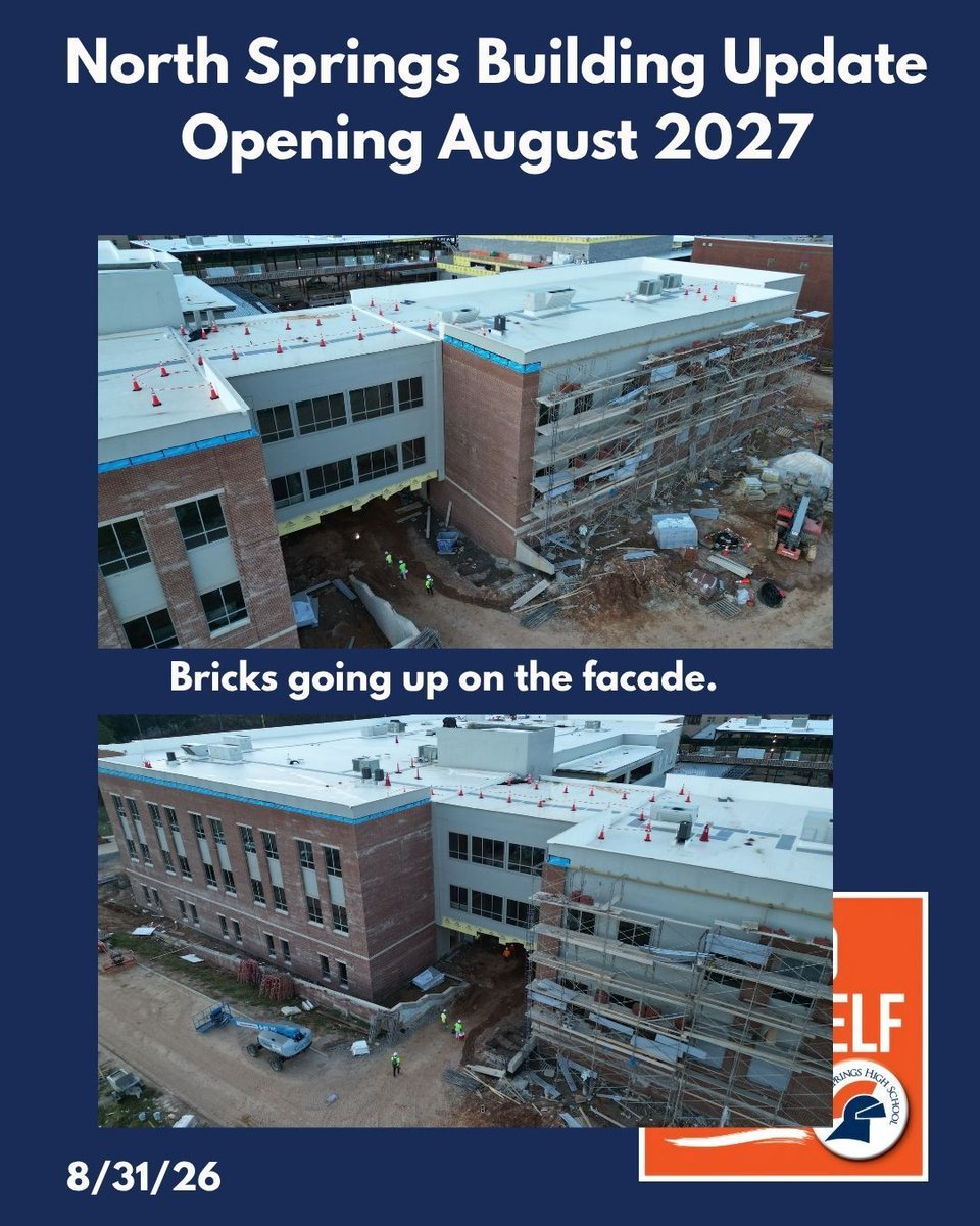 NorthSpringsHS's tweet photo. Have you seen the progress they are making on the NEW NORTH SPRINGS BUILDING? Bricks are going up on the exterior, and there are so many updates inside. Enjoy a few photos from this week.

#northspringshighschool #findyourselfhere 
@NorthSpringsHS @FultonZone6 https://t.co/q2W1AY0c2e