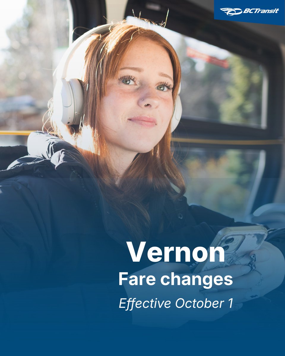 BCTransit's tweet photo. Hey #Vernon riders! Fare changes begin Oct. 1, including DayPASS, updated 30-Day and Regional Pass options, and free rides for youth 13–18 with a valid Youth Pass. Details 👉 https://t.co/4ZBVR8S67V https://t.co/jnXNUhwYLf